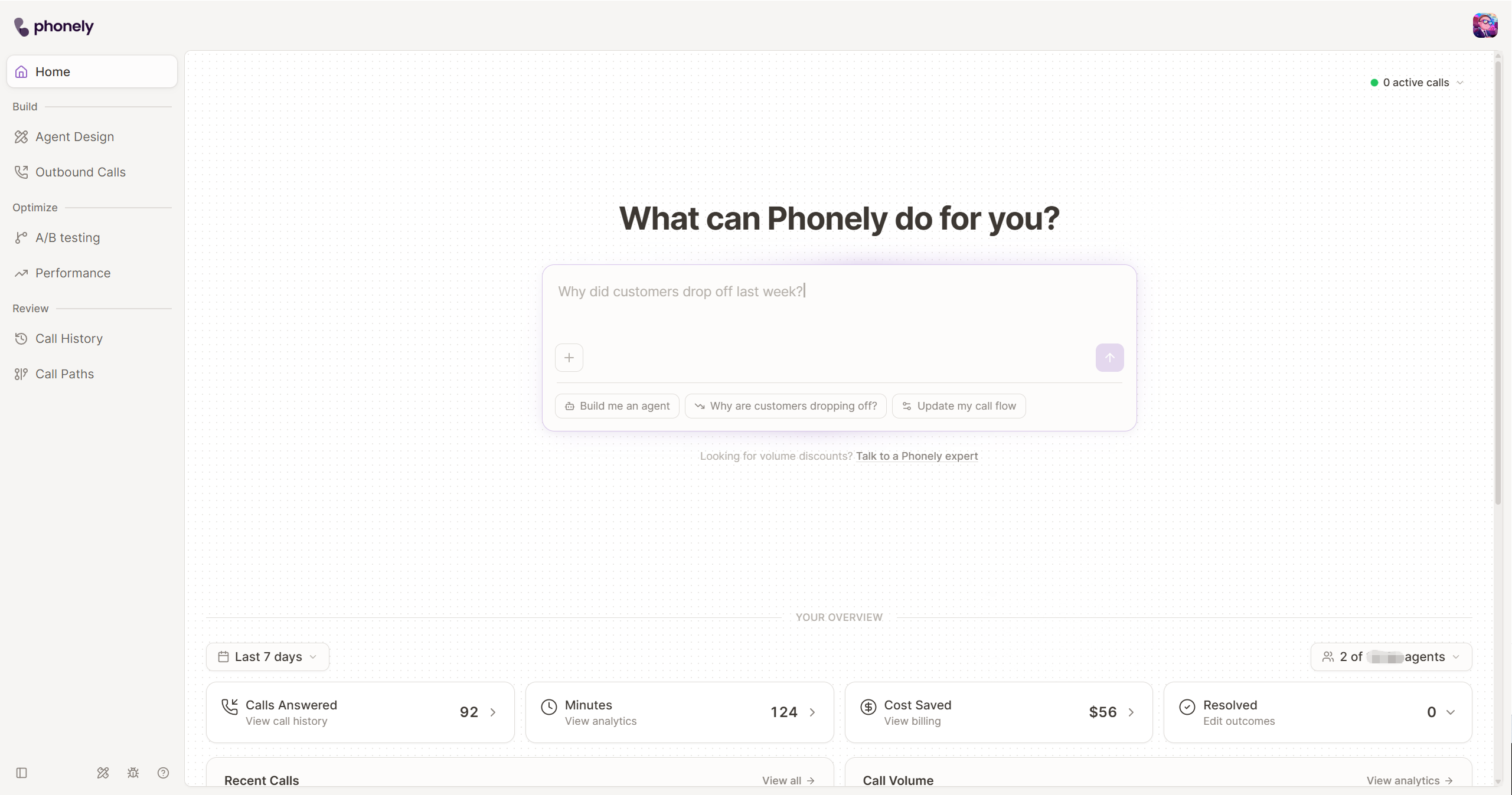Home with the Ask AI prompt and the beginning of the call activity overview