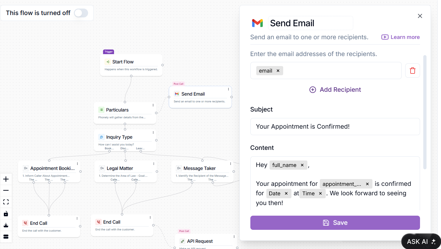 Post Call Send Email Example