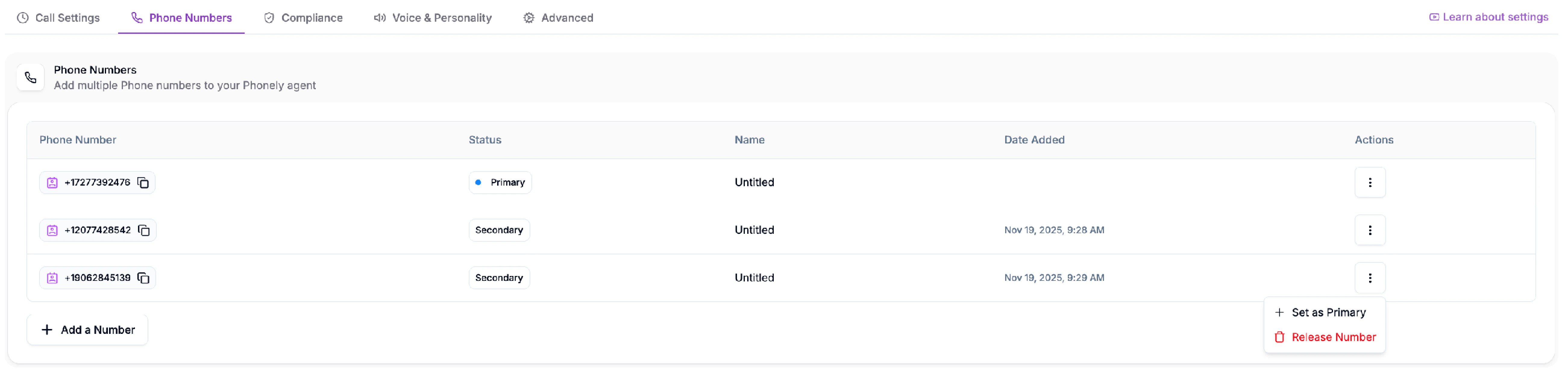 Managing Phone Numbers In Phonely
