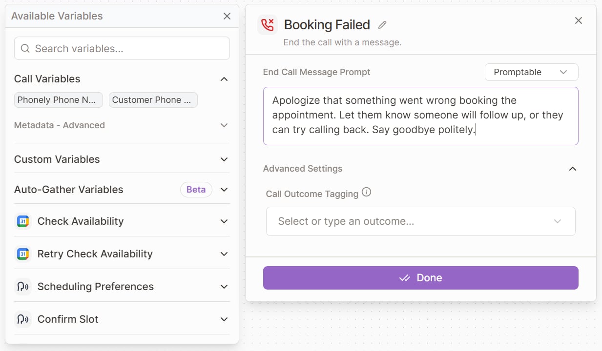 Booking Failed block with its message field focused and the Available Variables panel showing call, custom, Auto-Gather, and earlier block variable groups