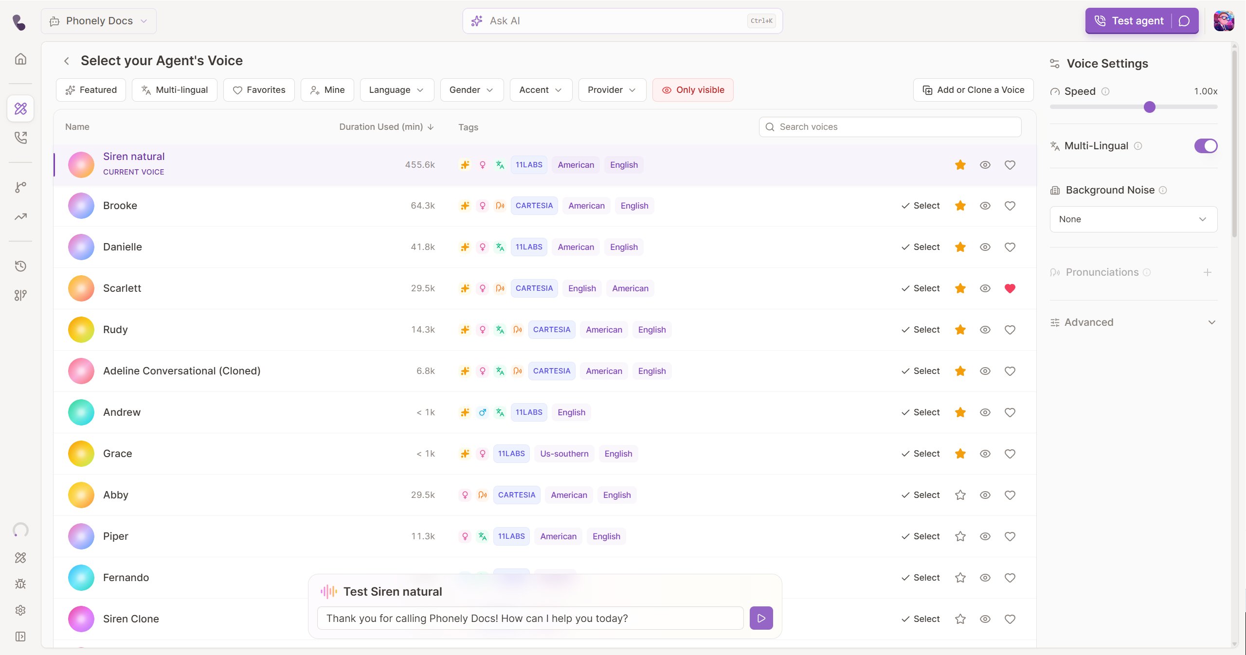 Voice library showing the selected voice, filters, preview card, and Voice Settings panel