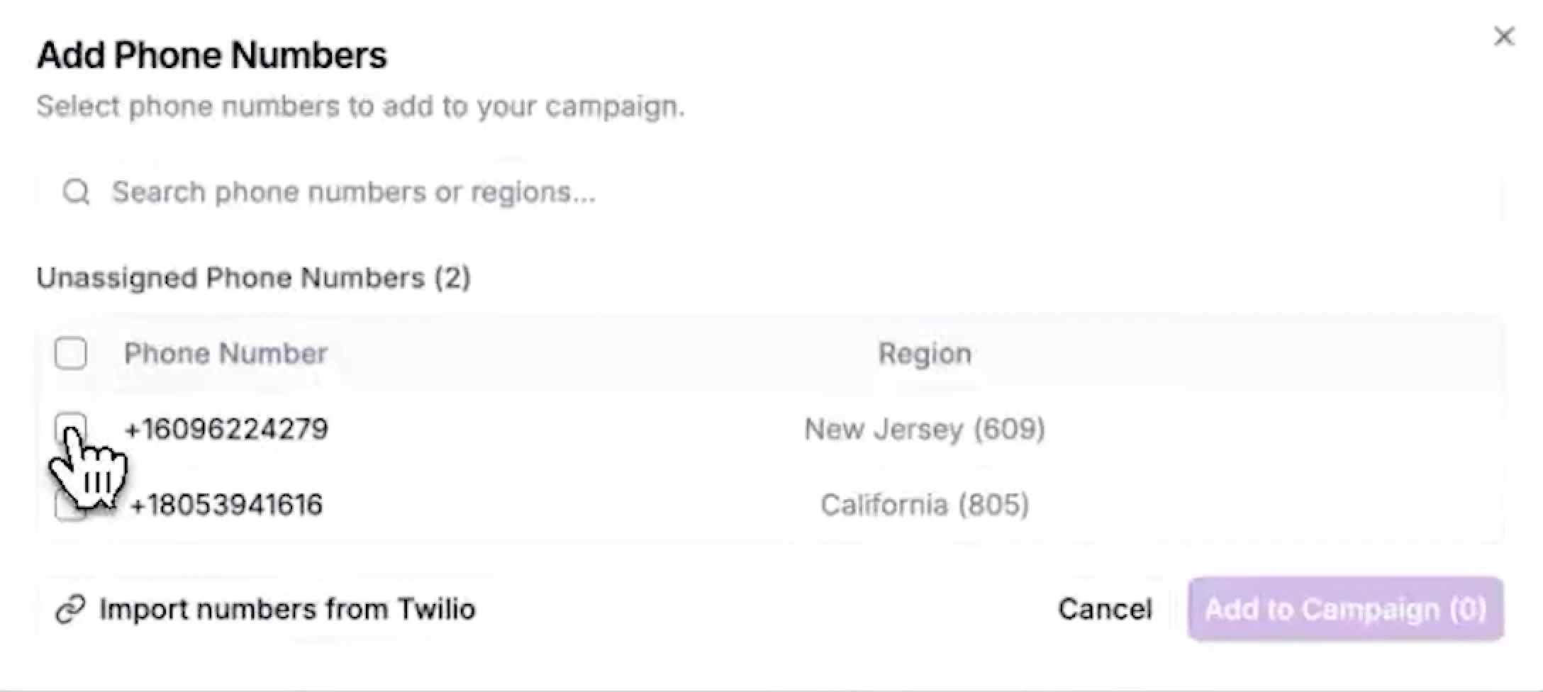 Select Phone Numbers To Add To A Campaign In Phonely