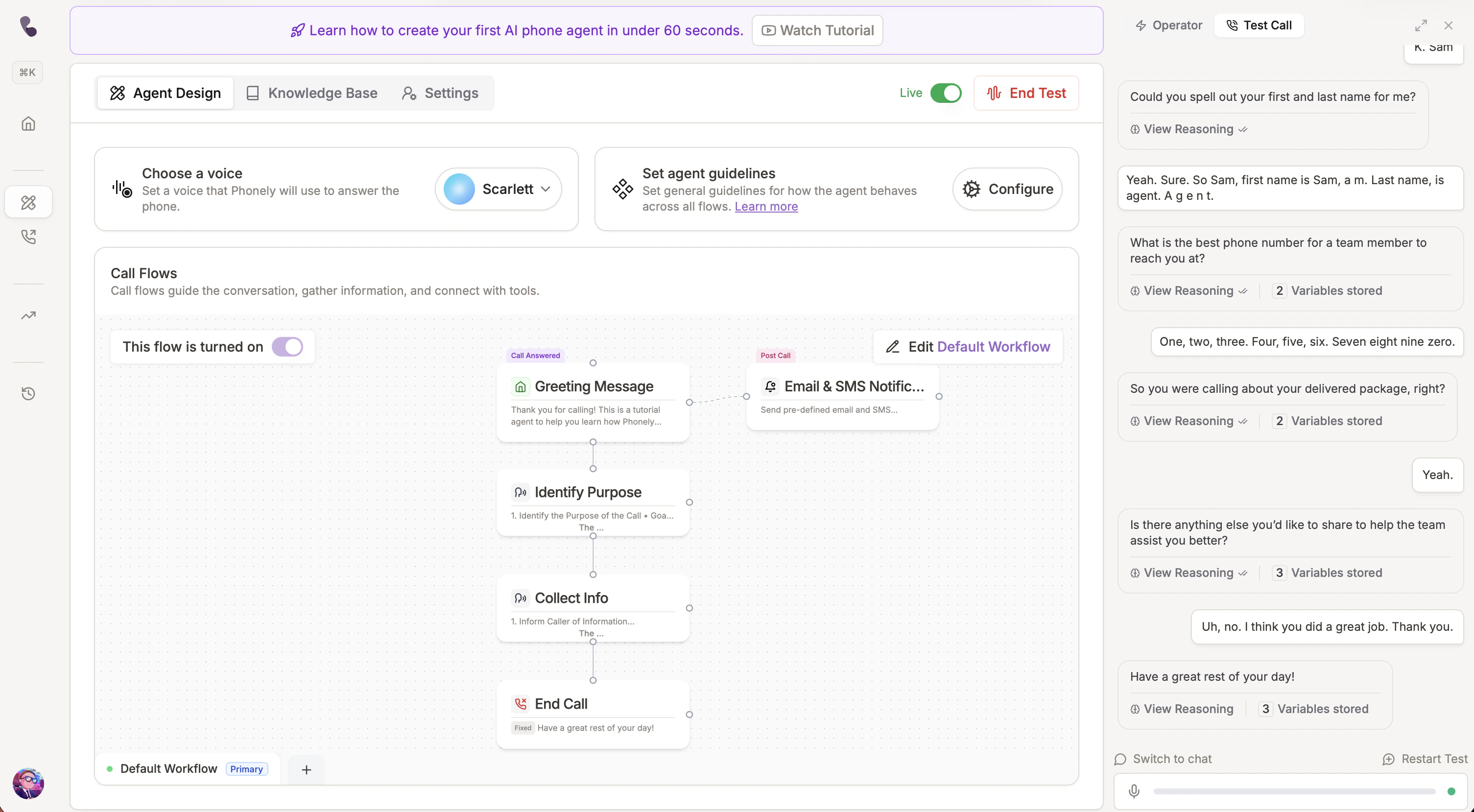 Phonely flow builder with a live call in progress