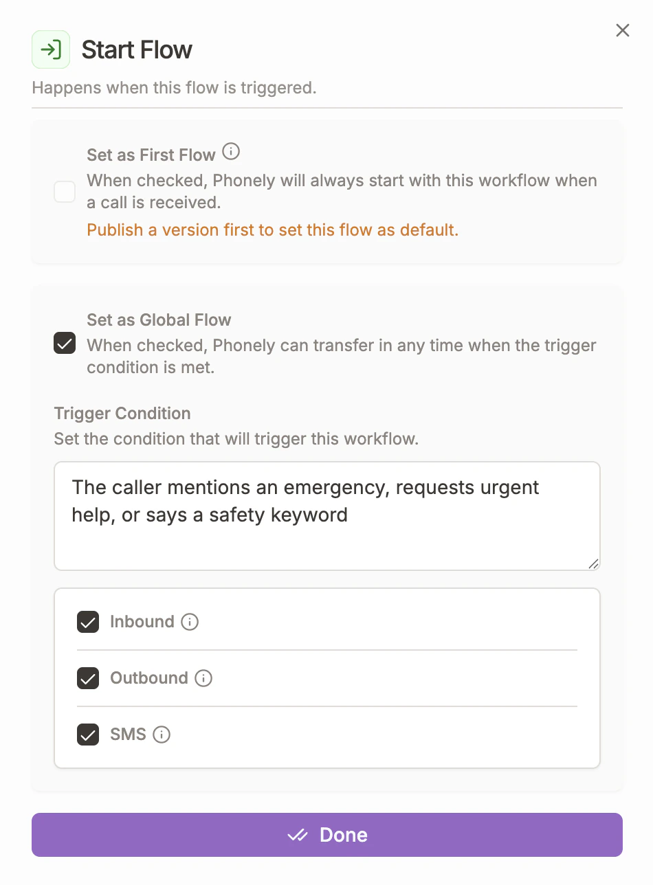 Receive Call trigger node with Global Workflow toggle