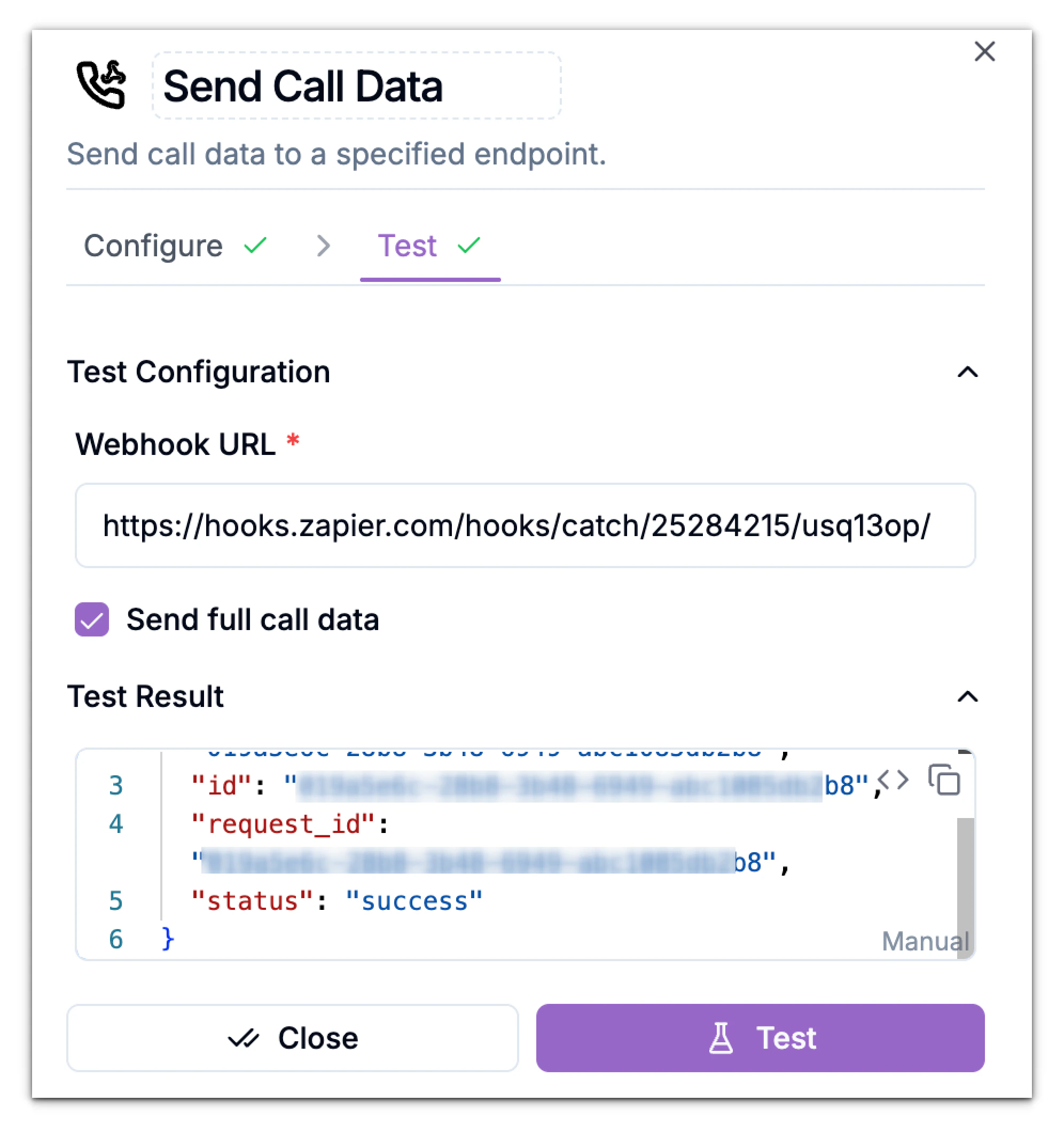 Test Send Call Data Post Call Action Pn