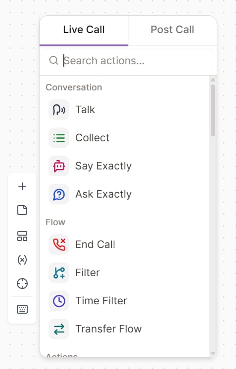 Add block picker open beside the flow canvas toolbar