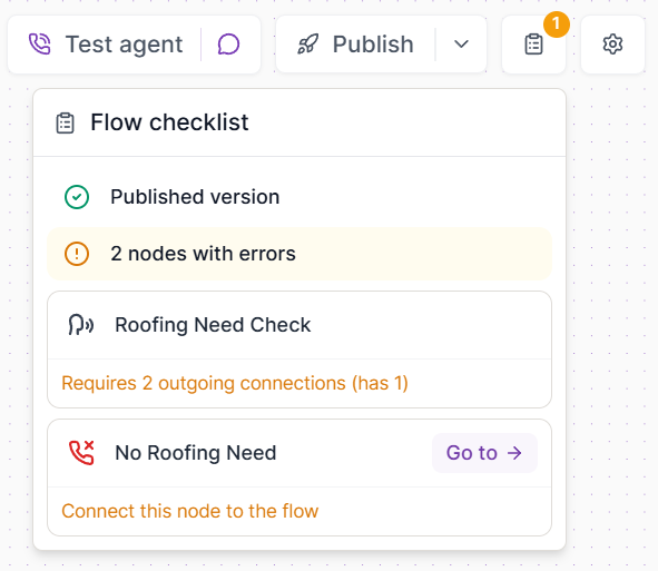 Flow Checklist open beside Publish, showing a published version, two blocks with errors, their validation messages, and the Go to action