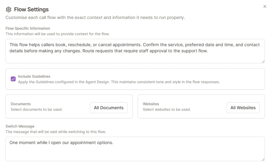 Inbound Flow Settings dialog with appointment context, Include Guidelines enabled, all documents and websites selected, and a switch message