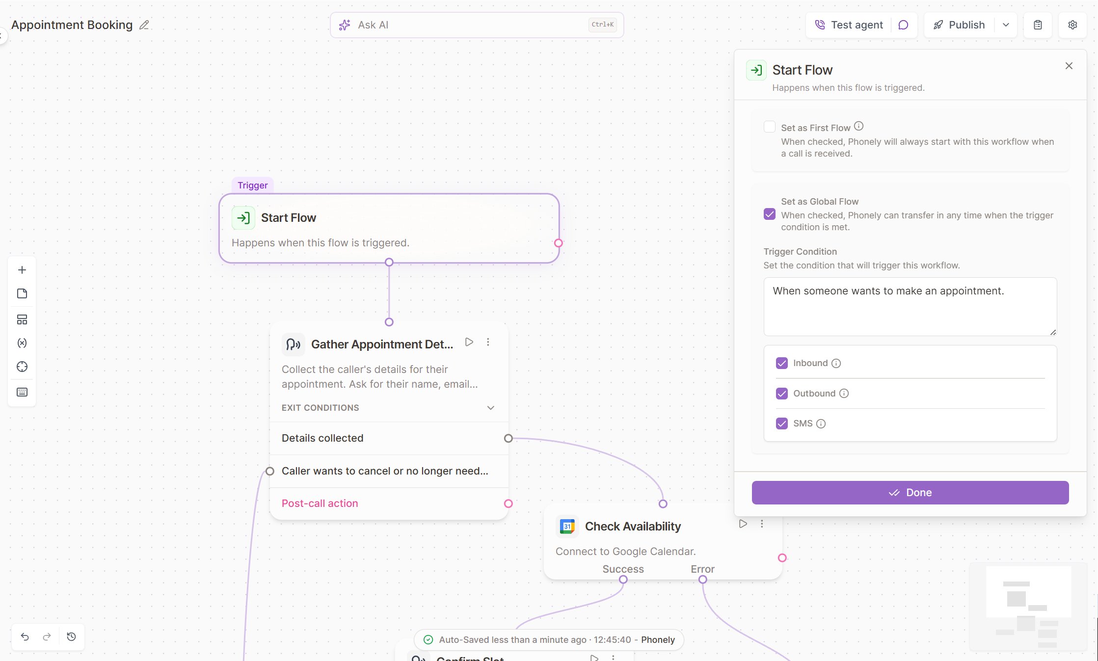 Start Flow settings for an Appointment Booking Global Flow, including its trigger condition and enabled conversation types