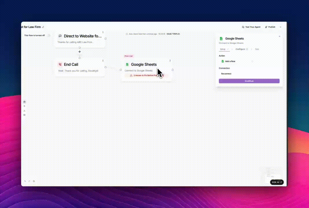 Connecting Google Sheets Add Row Gi