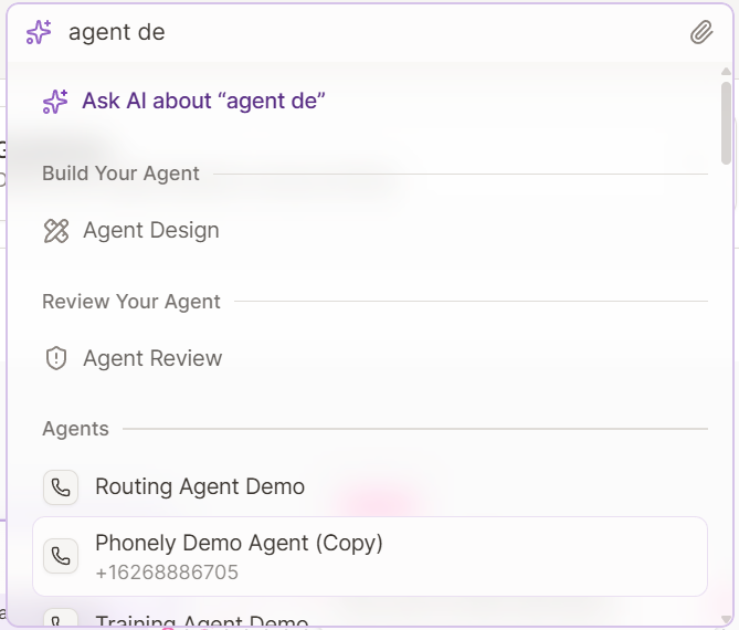 Global search showing Ask AI, page, and agent results