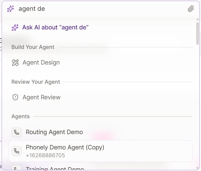 Global search showing Ask AI, page, and agent results