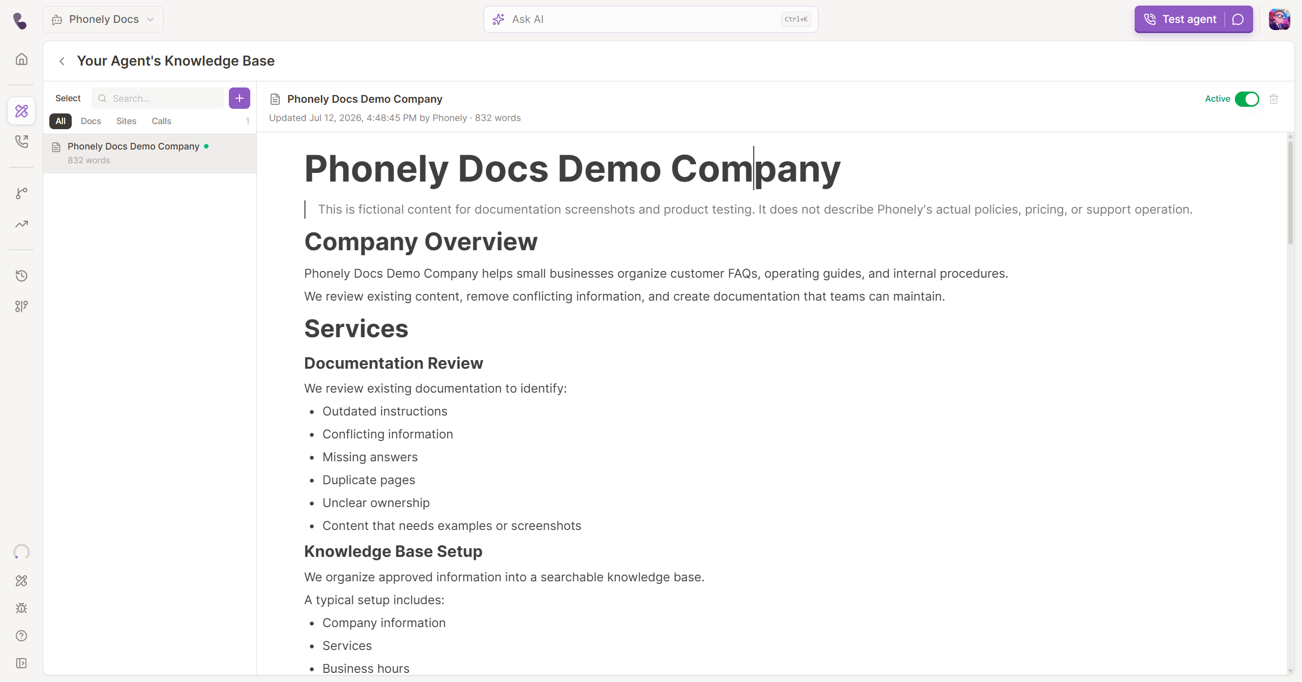 Knowledge Base showing an active demo document, source filters, and add-source controls