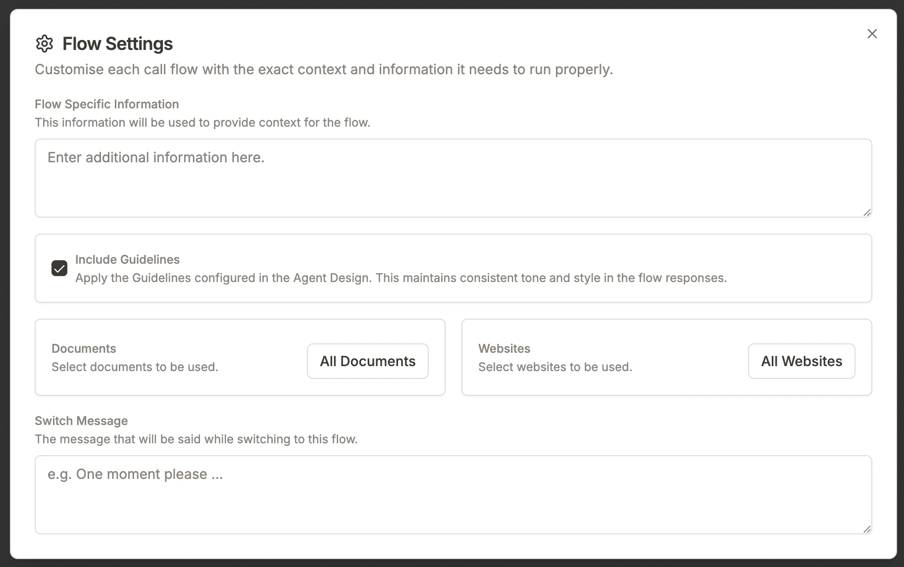 Flow settings modal with Include Guidelines toggle