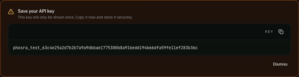 Phosra developer console 'Save your API key' banner showing a freshly minted phosra_test_ secret in a copyable code field, with a warning that the key is shown only once