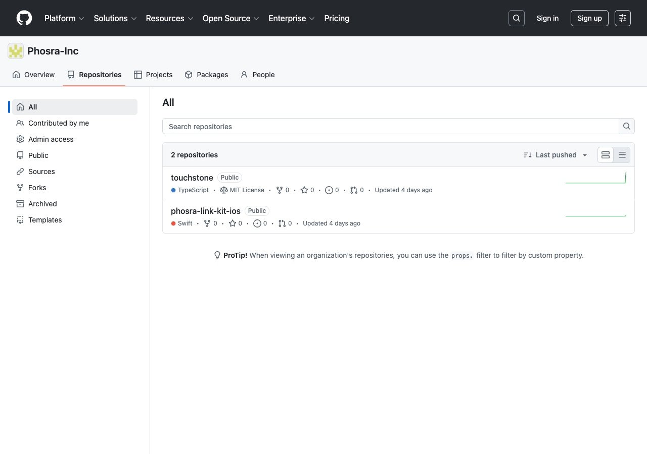 GitHub organization page for Phosra-Inc showing two public repositories: 'touchstone' (TypeScript, MIT License) and 'phosra-link-kit-ios' (Swift), each marked Public.