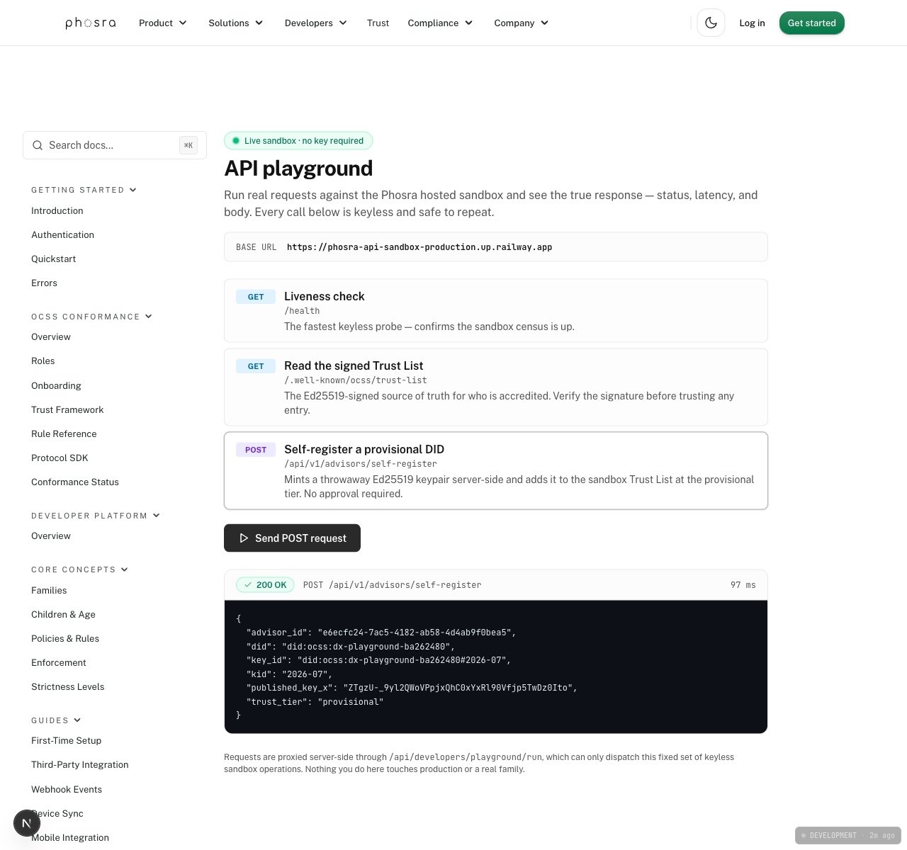 The Phosra API playground showing a live 200 OK self-register response from the hosted sandbox
