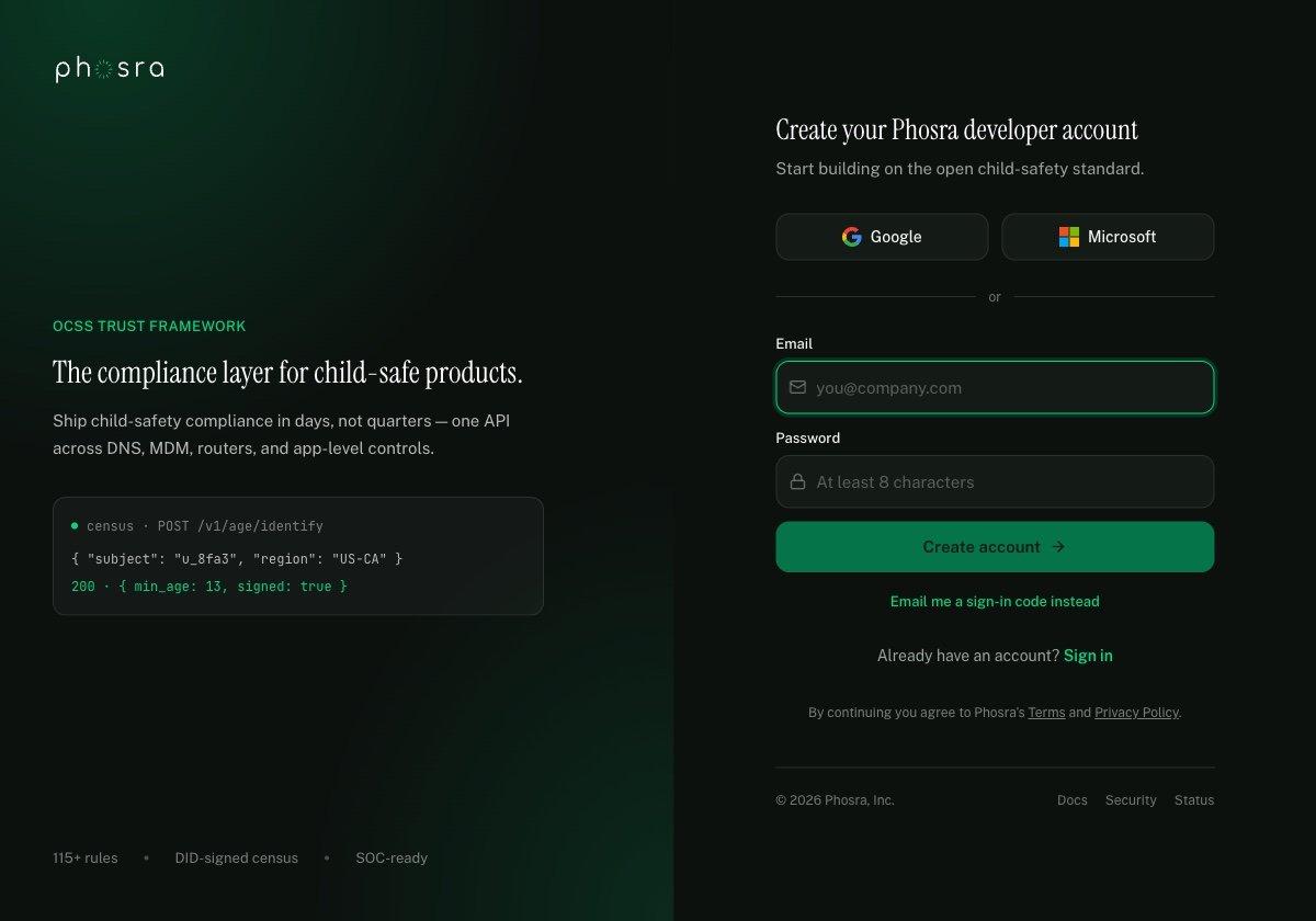Phosra developer account signup screen with Google and Microsoft SSO, email and password fields, and a Create account button