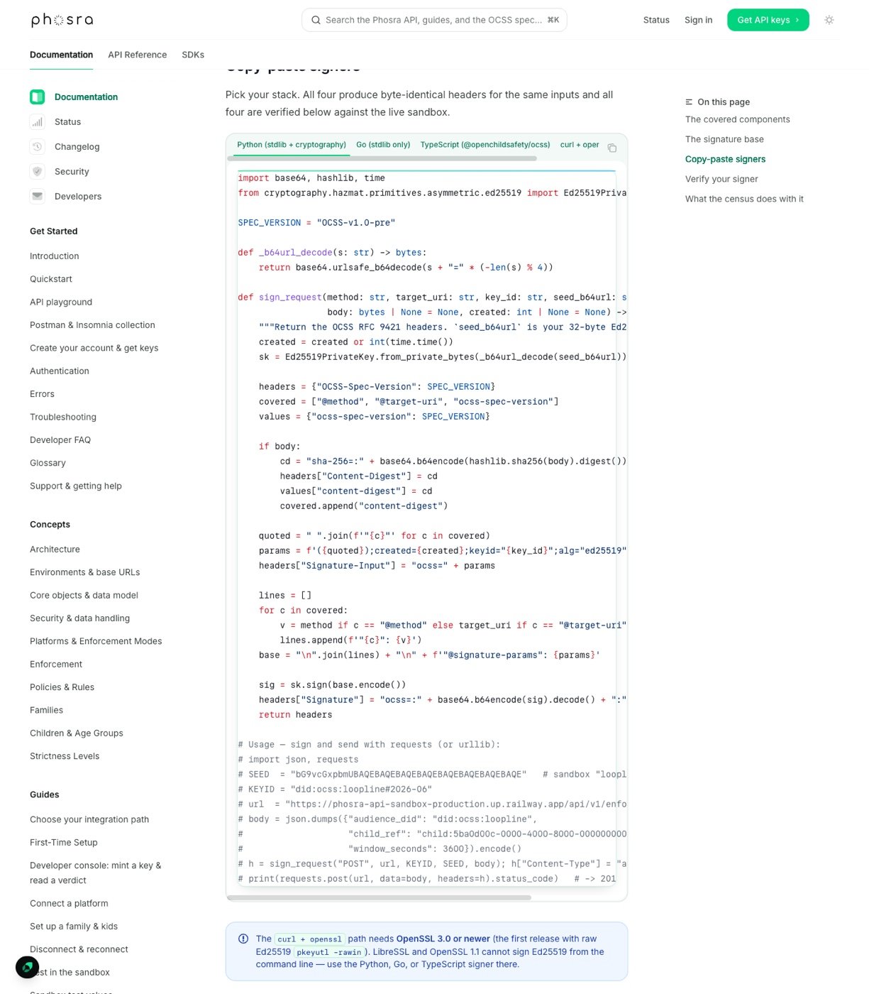 The Phosra signing-requests guide showing four language tabs: Python, Go, TypeScript, and curl+openssl