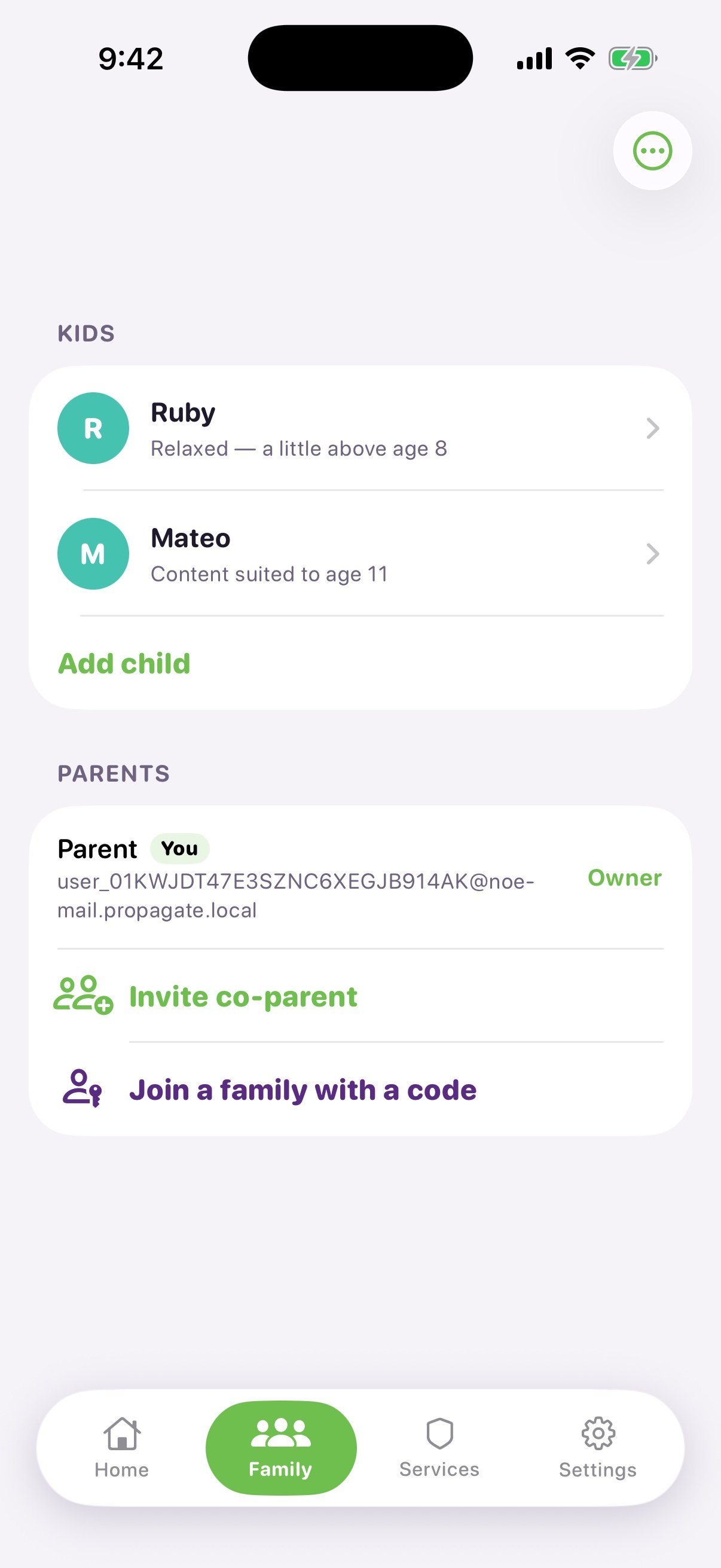 Propagate iOS Family screen listing children Ruby and Mateo under a KIDS section, with the parent shown as Owner under a PARENTS section, and a bottom tab bar.