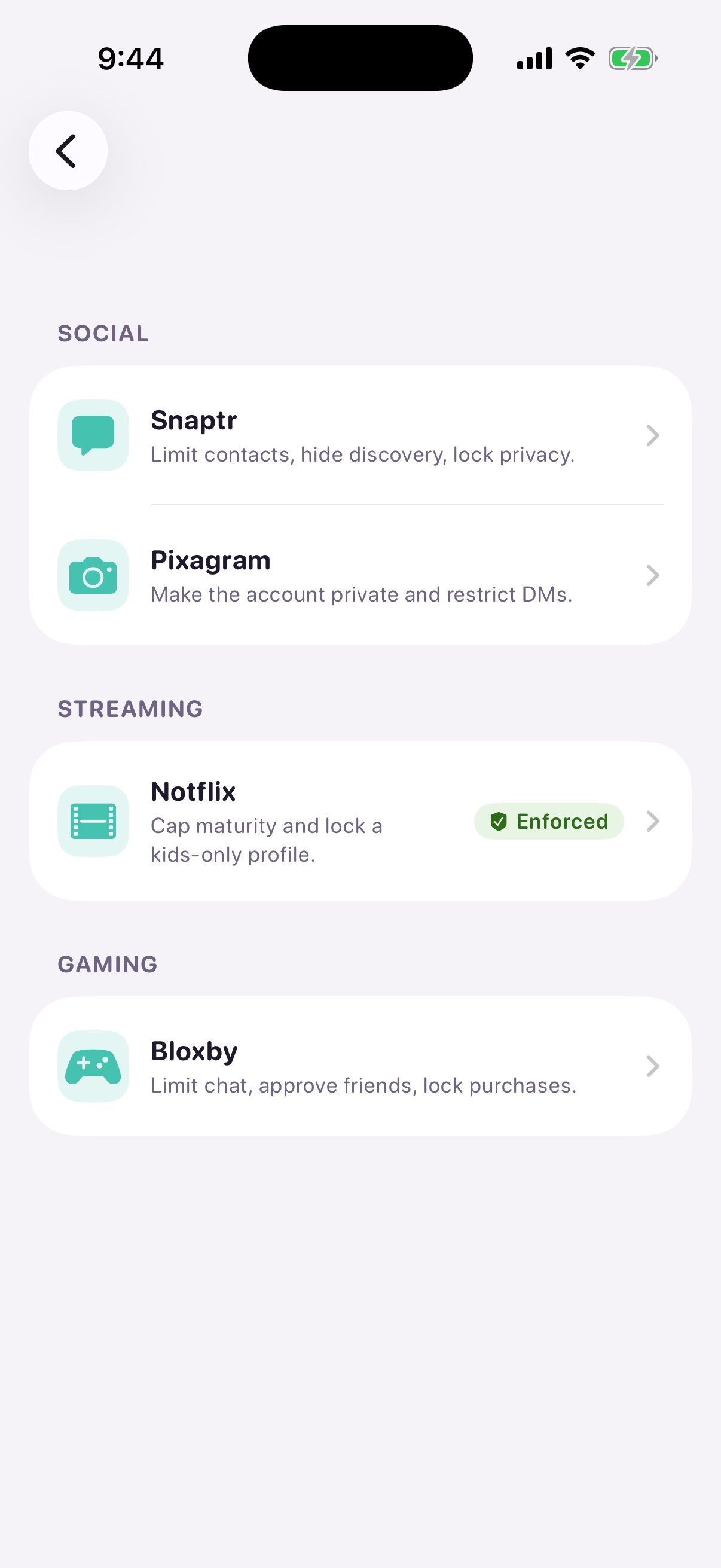 Propagate 'Add a service' catalog. SOCIAL lists Snaptr and Pixagram; STREAMING lists Notflix with a green checkmark 'Enforced' badge left over from a prior session; GAMING lists Bloxby. Each row has an icon, a one-line description of what it locks down, and a chevron.