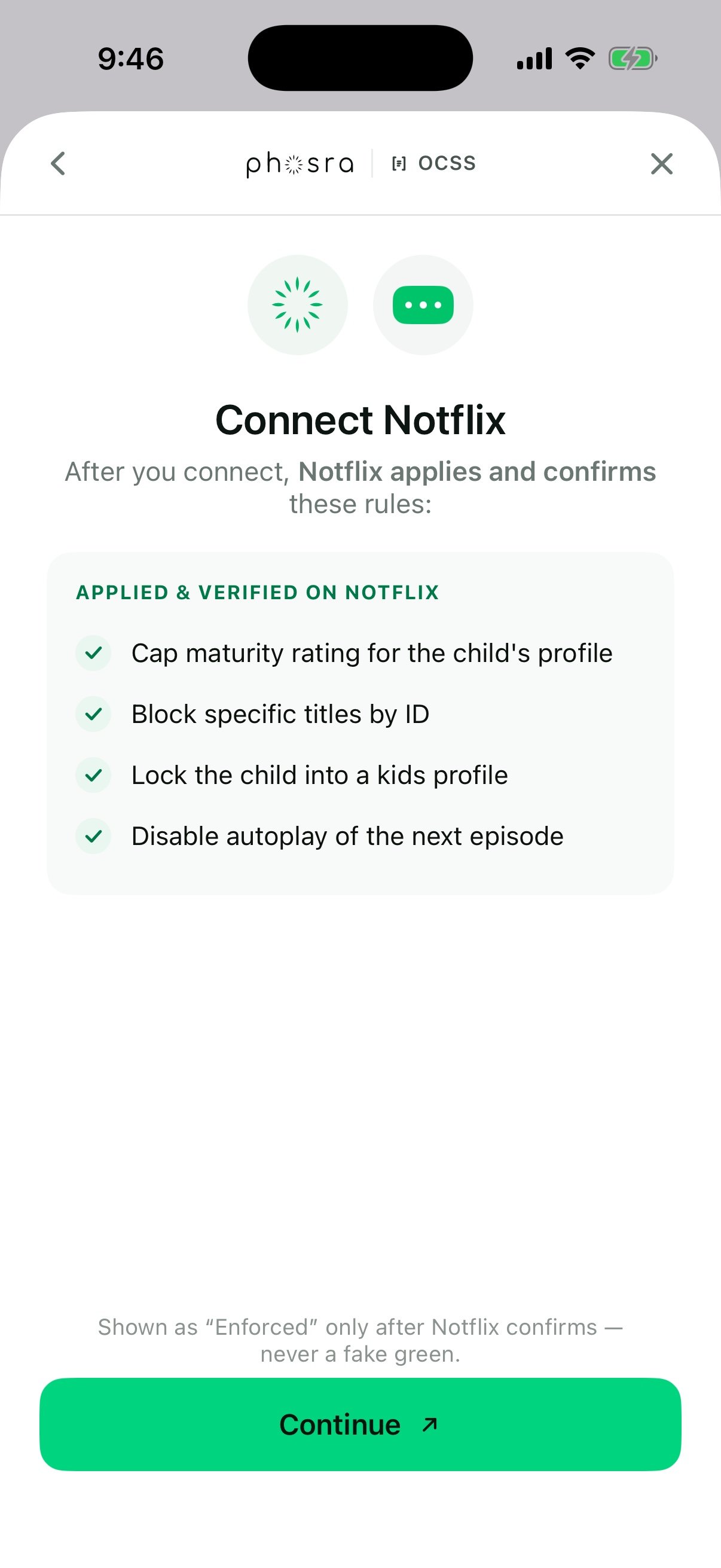 Propagate 'Connect Notflix' screen under a 'phosra · OCSS' header, listing four rules the platform will apply and verify, with a green Continue button and an honesty disclaimer.