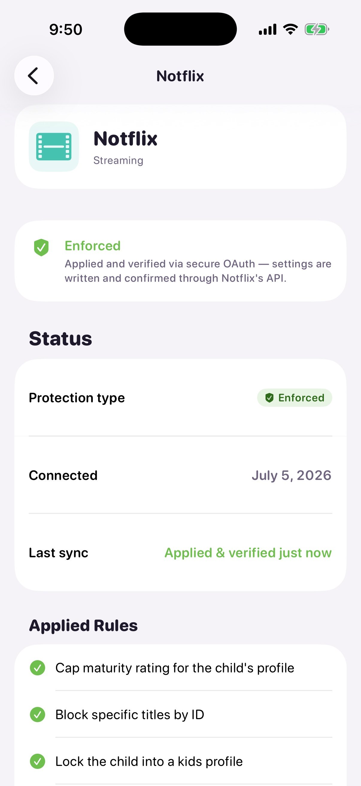 Propagate platform detail screen with a green shield 'Enforced' card, a Status section (Protection type Enforced, Connected date, Last sync 'Applied & verified just now'), and an Applied Rules list with green checkmarks.