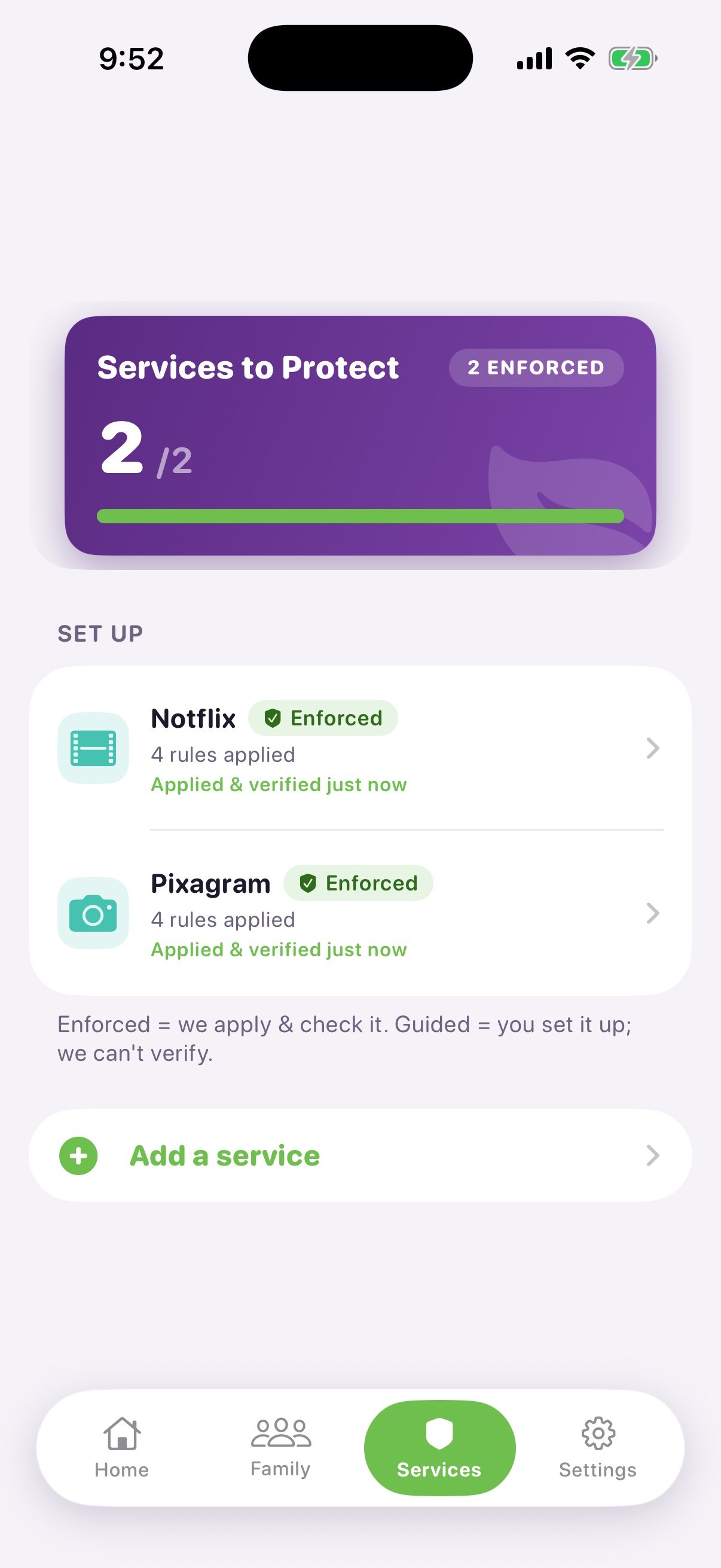 Propagate Services screen. A purple 'Services to Protect' header card reads '2 / 2' with a '2 ENFORCED' pill and a full green progress bar. Below, a SET UP list shows Notflix (Enforced, 4 rules applied) and Pixagram (Enforced, 4 rules applied), each 'Applied & verified just now', plus an 'Add a service' button.