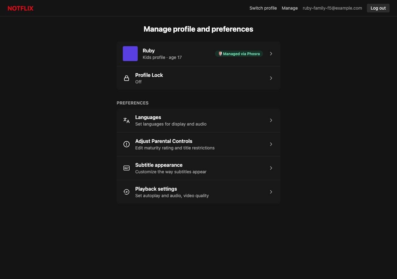 The Notflix web app 'Manage profile and preferences' page in dark mode, signed in as ruby-family-f5@example.com. Ruby's profile row — labeled 'Kids profile · age 17', the reference sandbox's demo default — carries a green 'Managed via Phosra' badge. A PREFERENCES section lists Languages, Adjust Parental Controls, Subtitle appearance, and Playback settings.