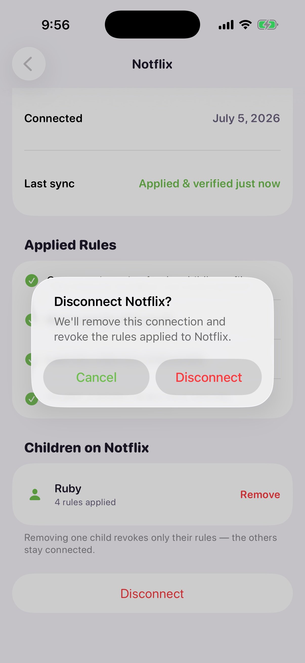 Propagate Notflix detail screen with a 'Disconnect Notflix?' confirmation dialog: 'We'll remove this connection and revoke the rules applied to Notflix.' with Cancel and red Disconnect buttons. Behind it, a 'Children on Notflix' section lists Ruby ('4 rules applied') with a Remove action and the note 'Removing one child revokes only their rules — the others stay connected.'