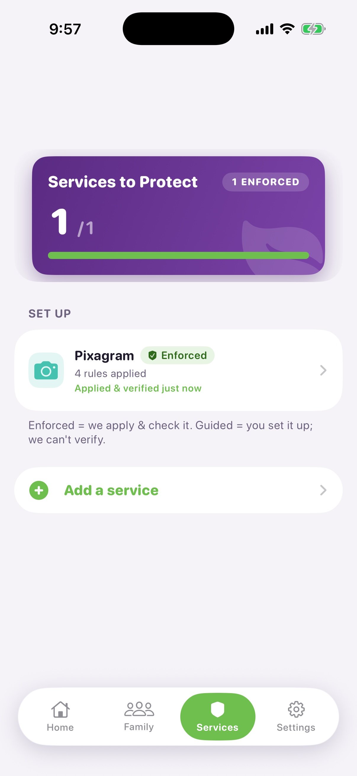 Propagate Services screen after unlinking Notflix. The 'Services to Protect' header now reads '1 / 1' with a '1 ENFORCED' pill and a full green bar. The SET UP list shows only Pixagram (Enforced, 4 rules applied, 'Applied & verified just now'), plus an 'Add a service' button.