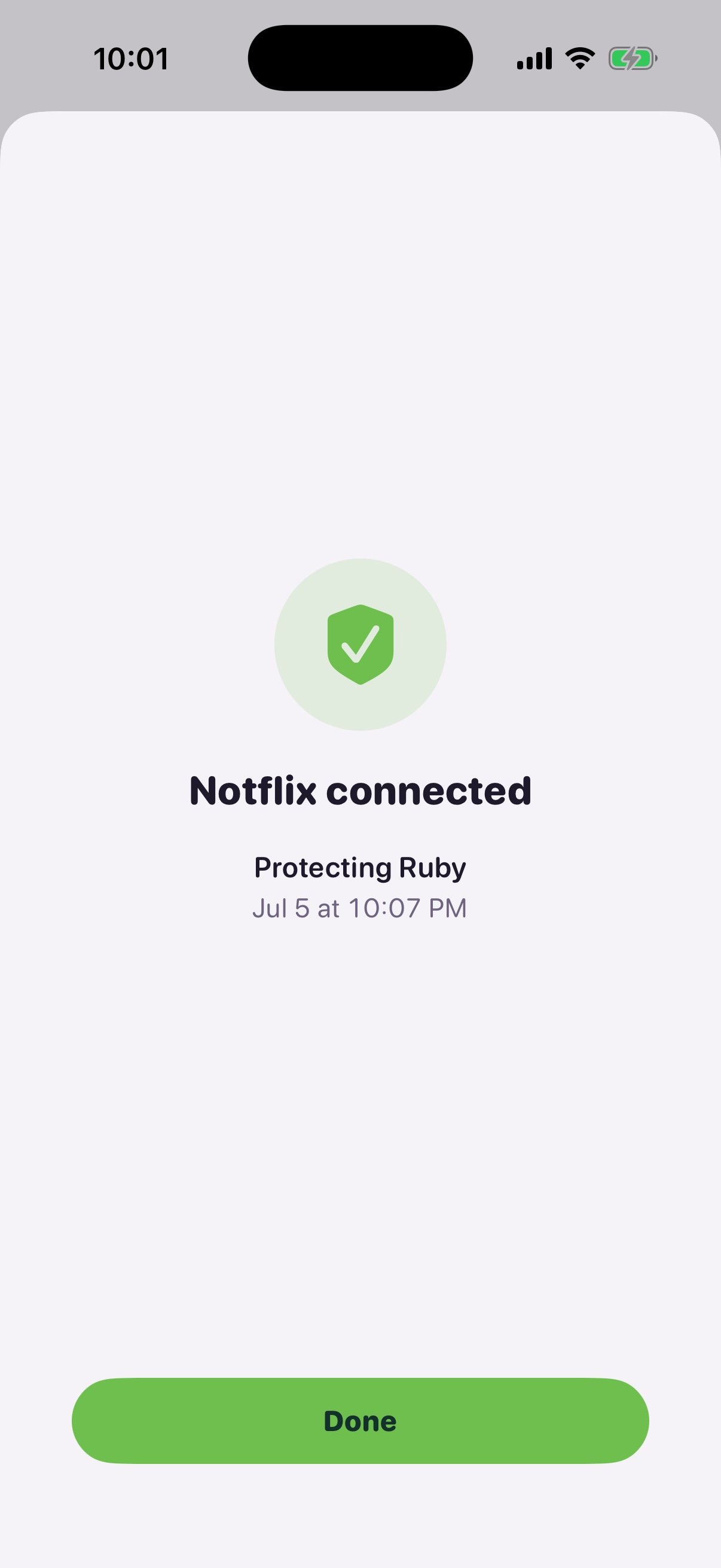 Propagate success screen with a large green shield checkmark. Headline 'Notflix connected', subtext 'Protecting Ruby', timestamp 'Jul 5 at 10:07 PM', and a green 'Done' button.