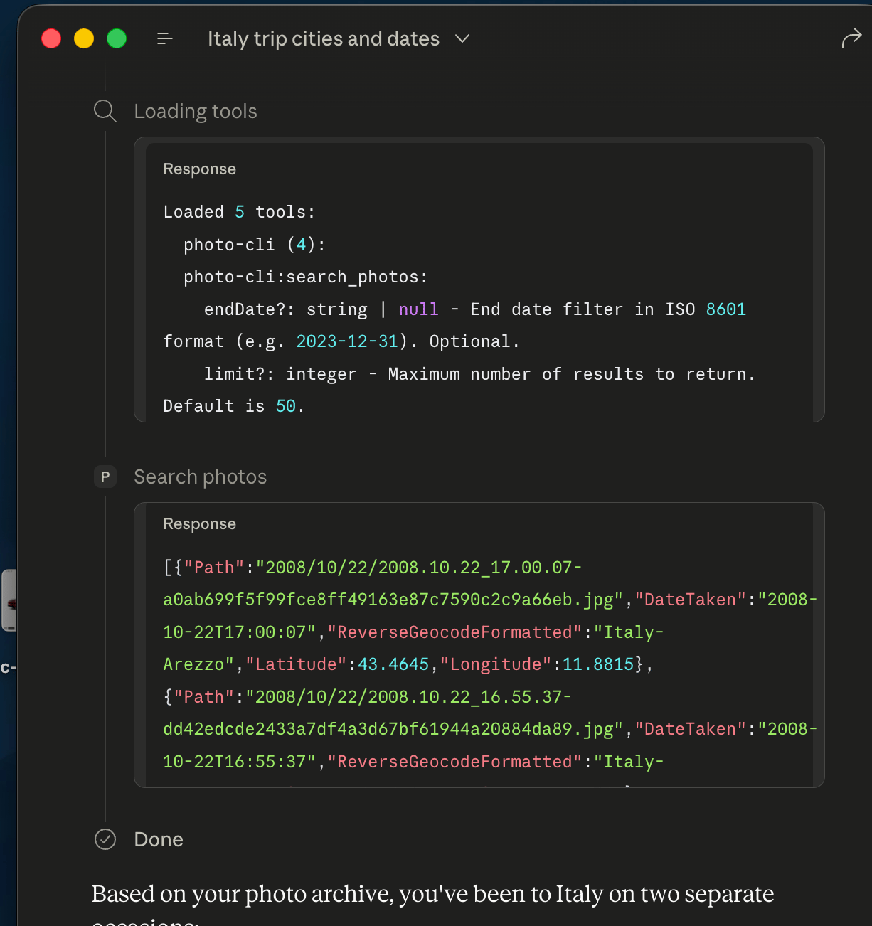 photo-cli MCP tools listed in the MCP Inspector showing input schemas for list, search, find, and open operations
