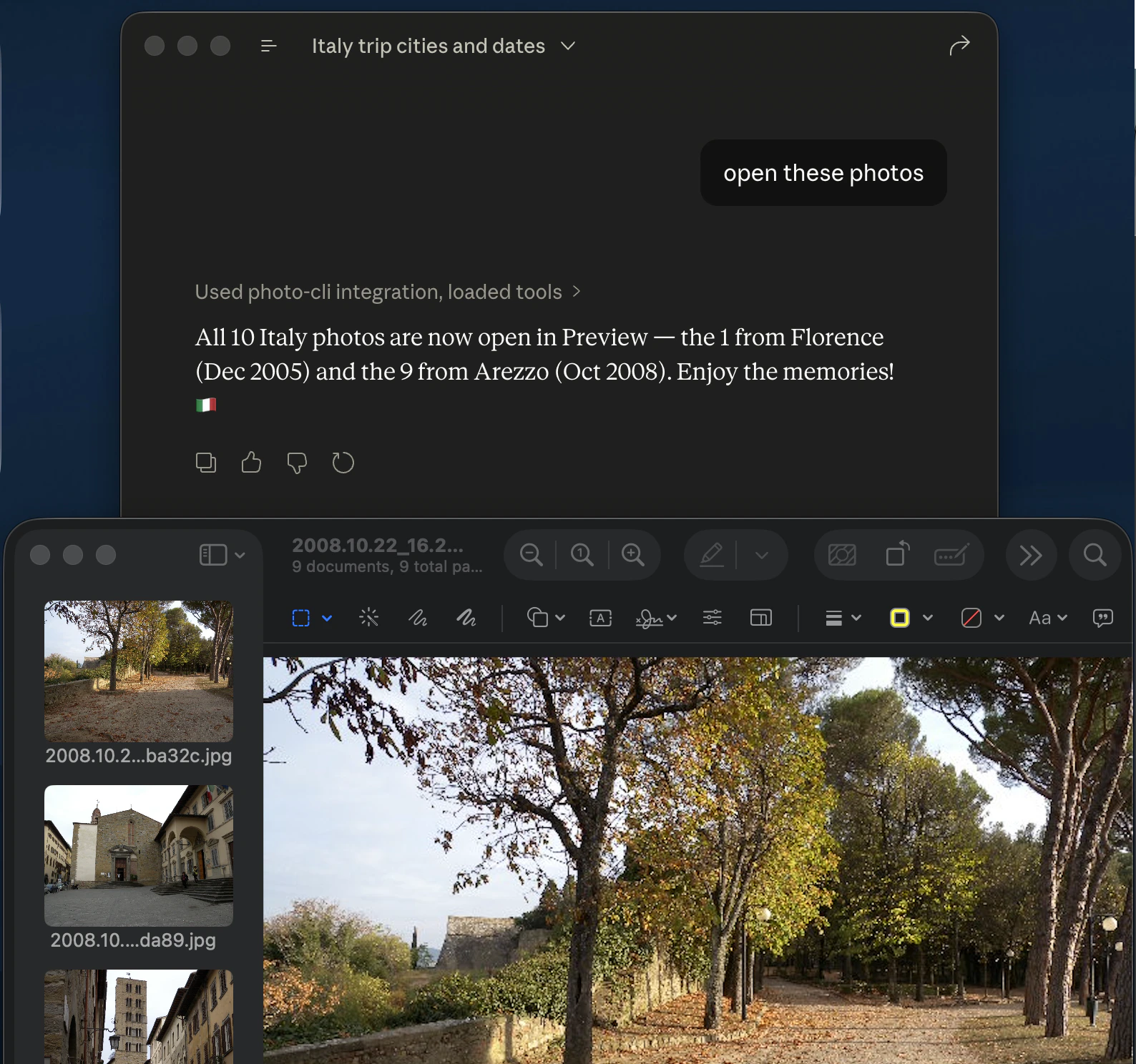 Album photos opened in macOS Preview via the MCP open_photos tool