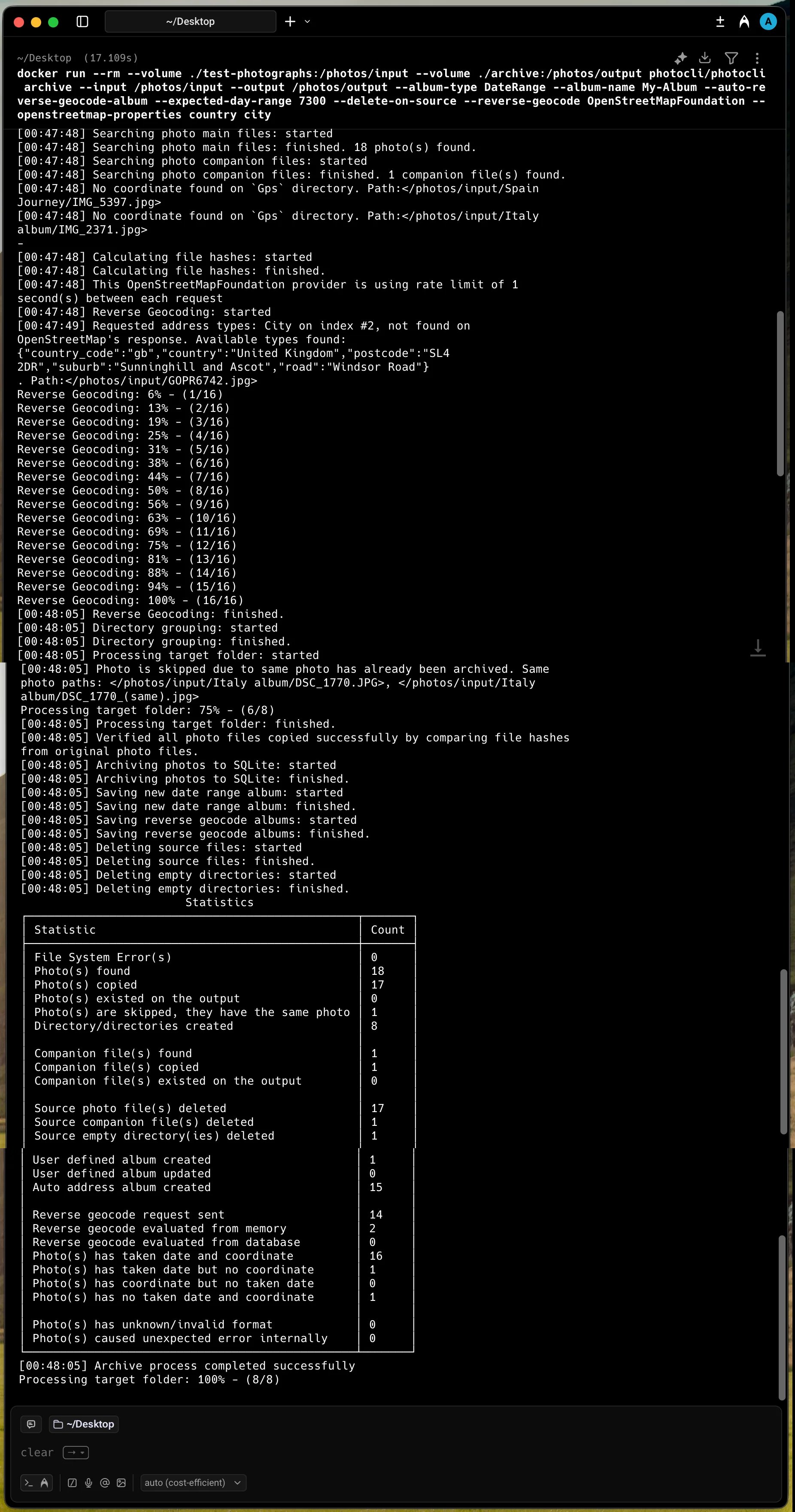 photo-cli archive executing inside a container