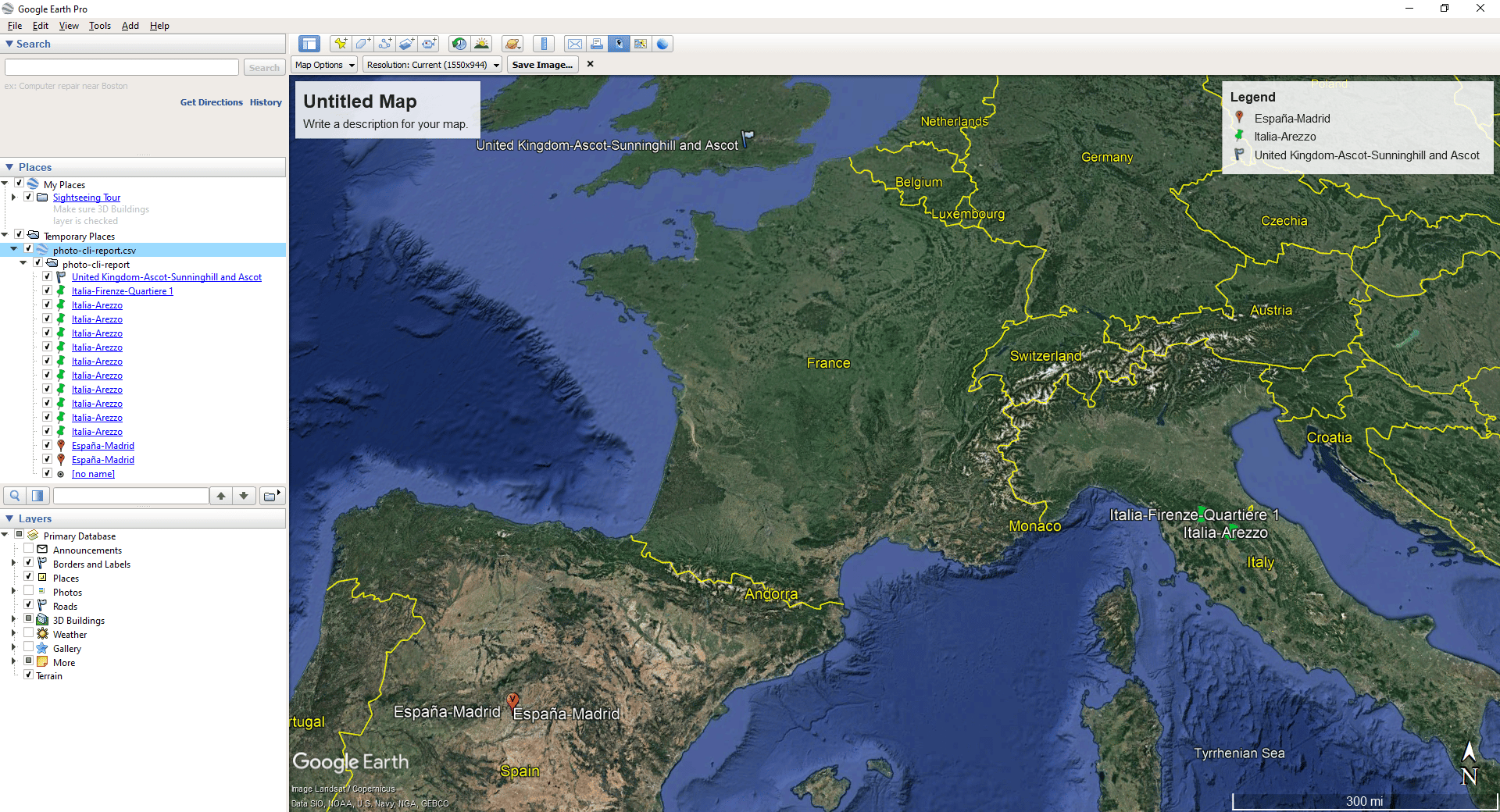 photo-cli CSV imported into Google Earth Pro Desktop
