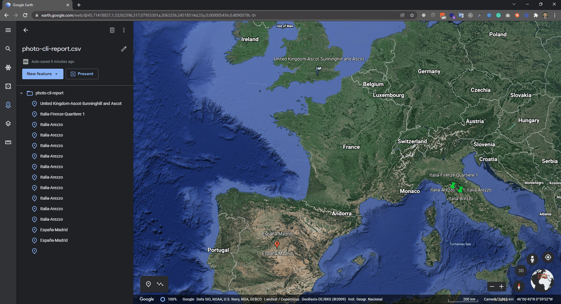photo-cli photo locations loaded into Google Earth Web via a KML project