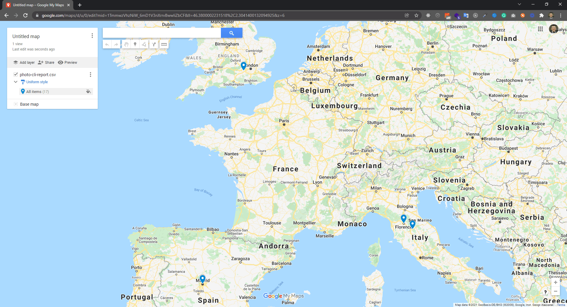 photo-cli CSV imported into Google My Maps with a pin per photo