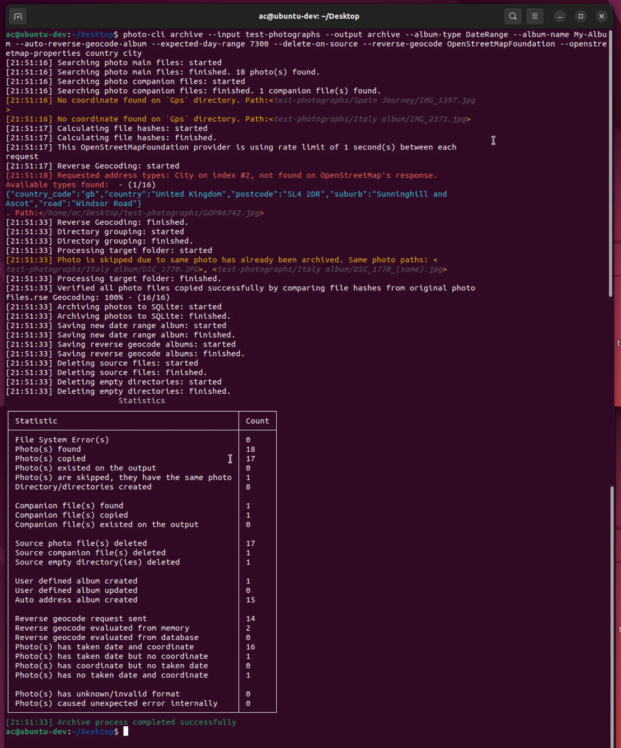 photo-cli archive executing on Linux