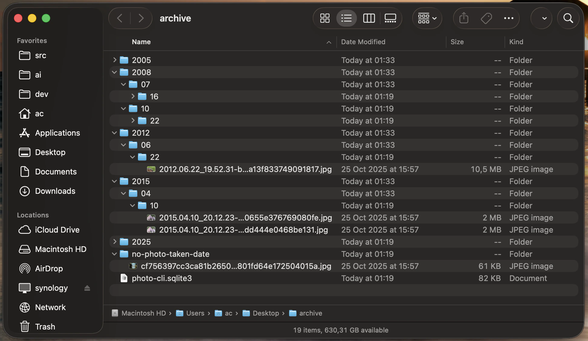 Archive folder open in macOS Finder