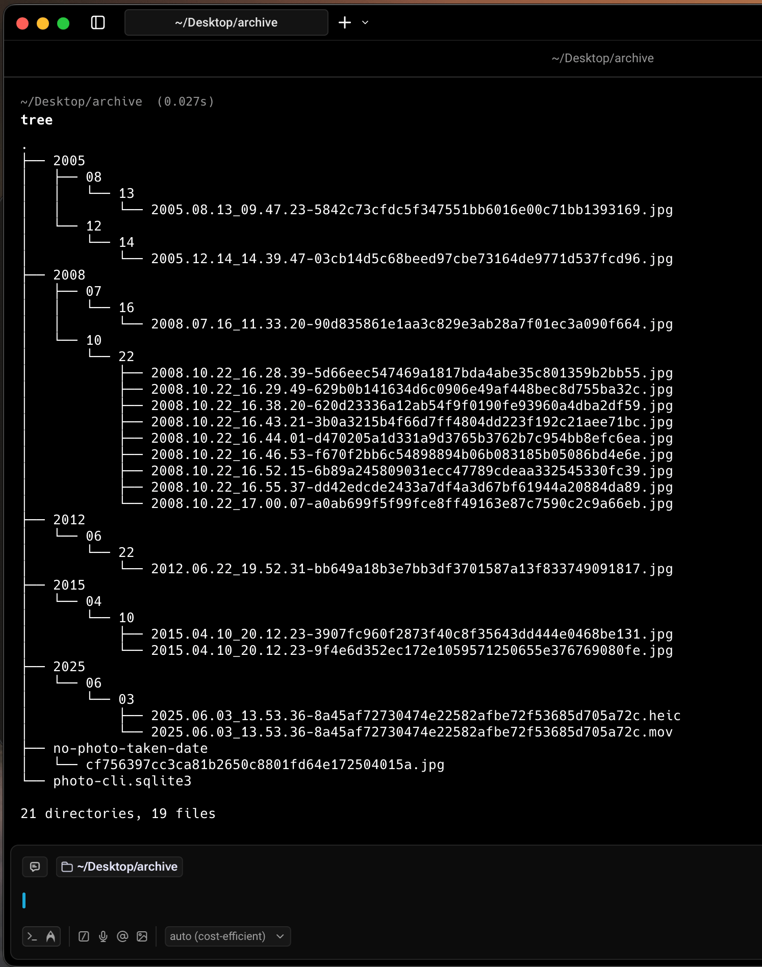 tree command output of archive folder on macOS