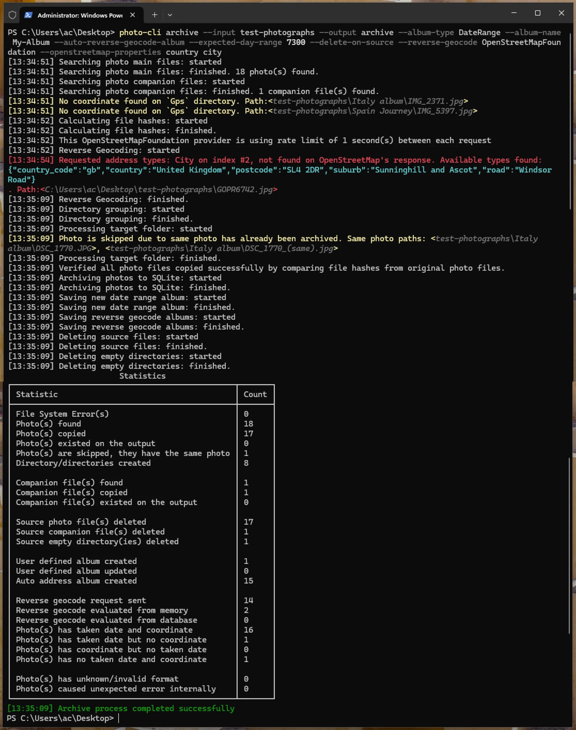 photo-cli archive executing on Windows