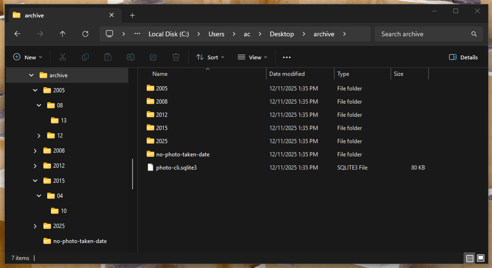 Archive folder open in Windows File Explorer