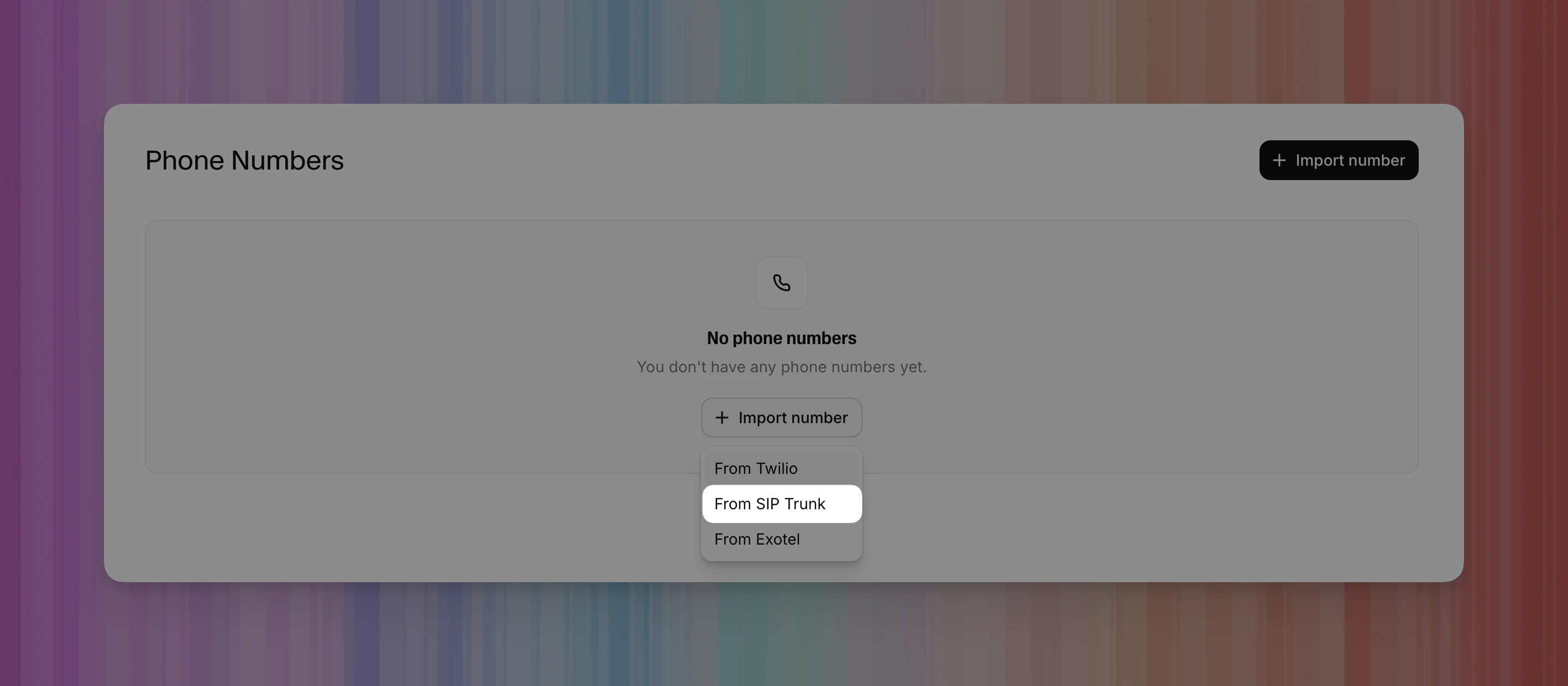 Import number menu with From SIP Trunk highlighted.