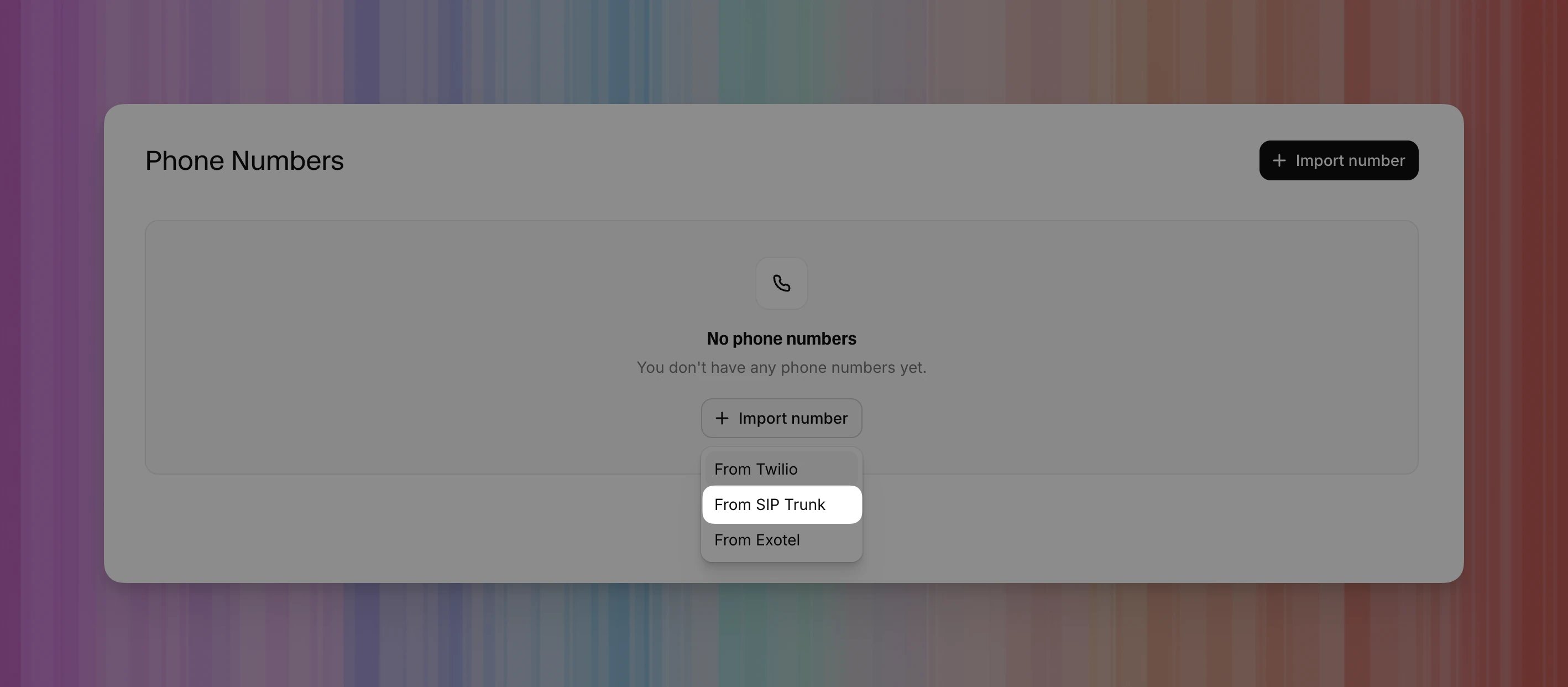 Import number menu with From SIP Trunk highlighted.