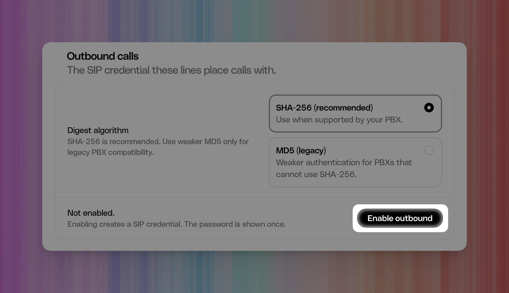 Photon Outbound calls with SHA-256 selected and Enable outbound highlighted.