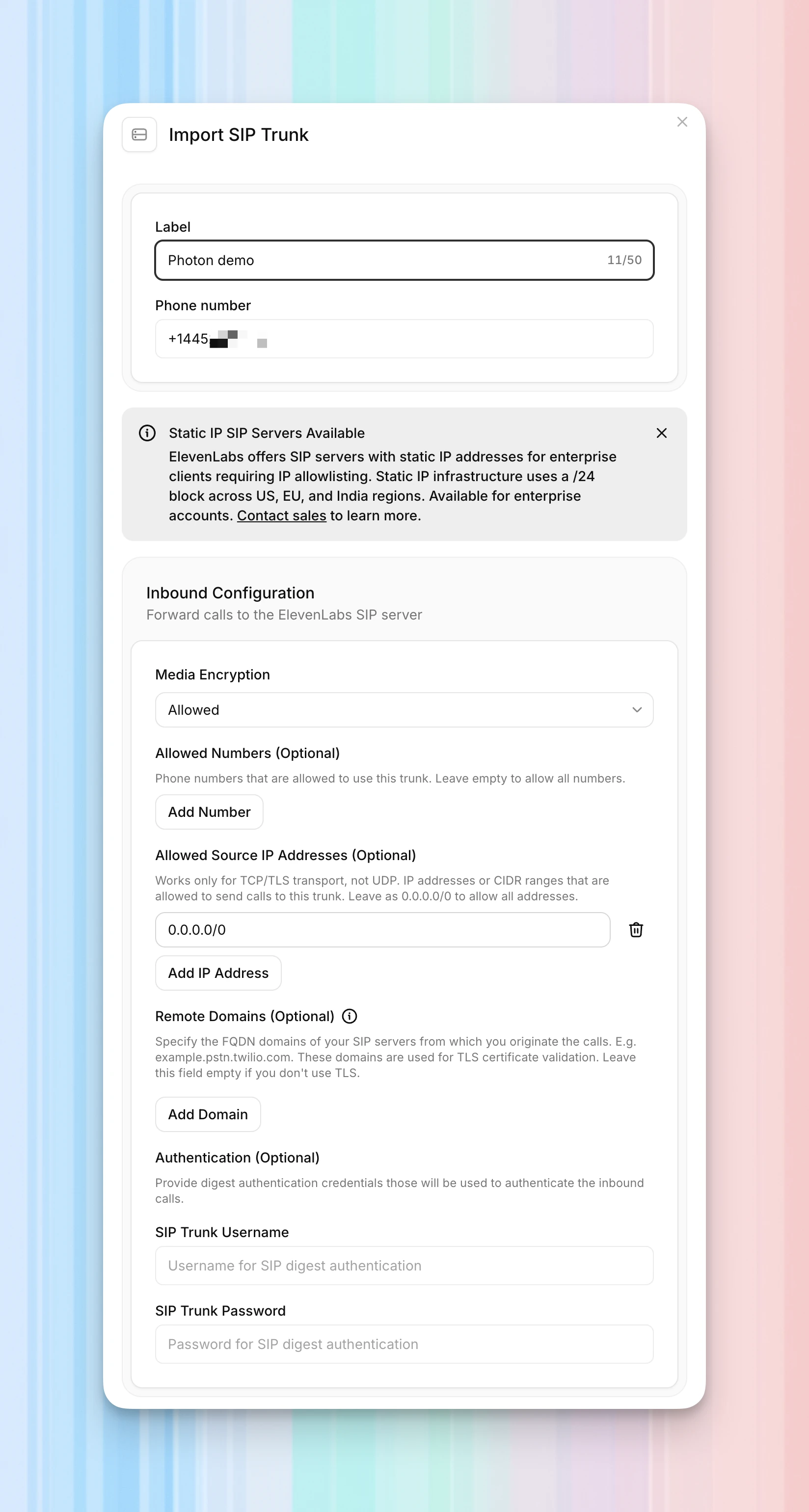 ElevenLabs import form showing the Photon label and number, Allowed media encryption, and optional inbound controls.