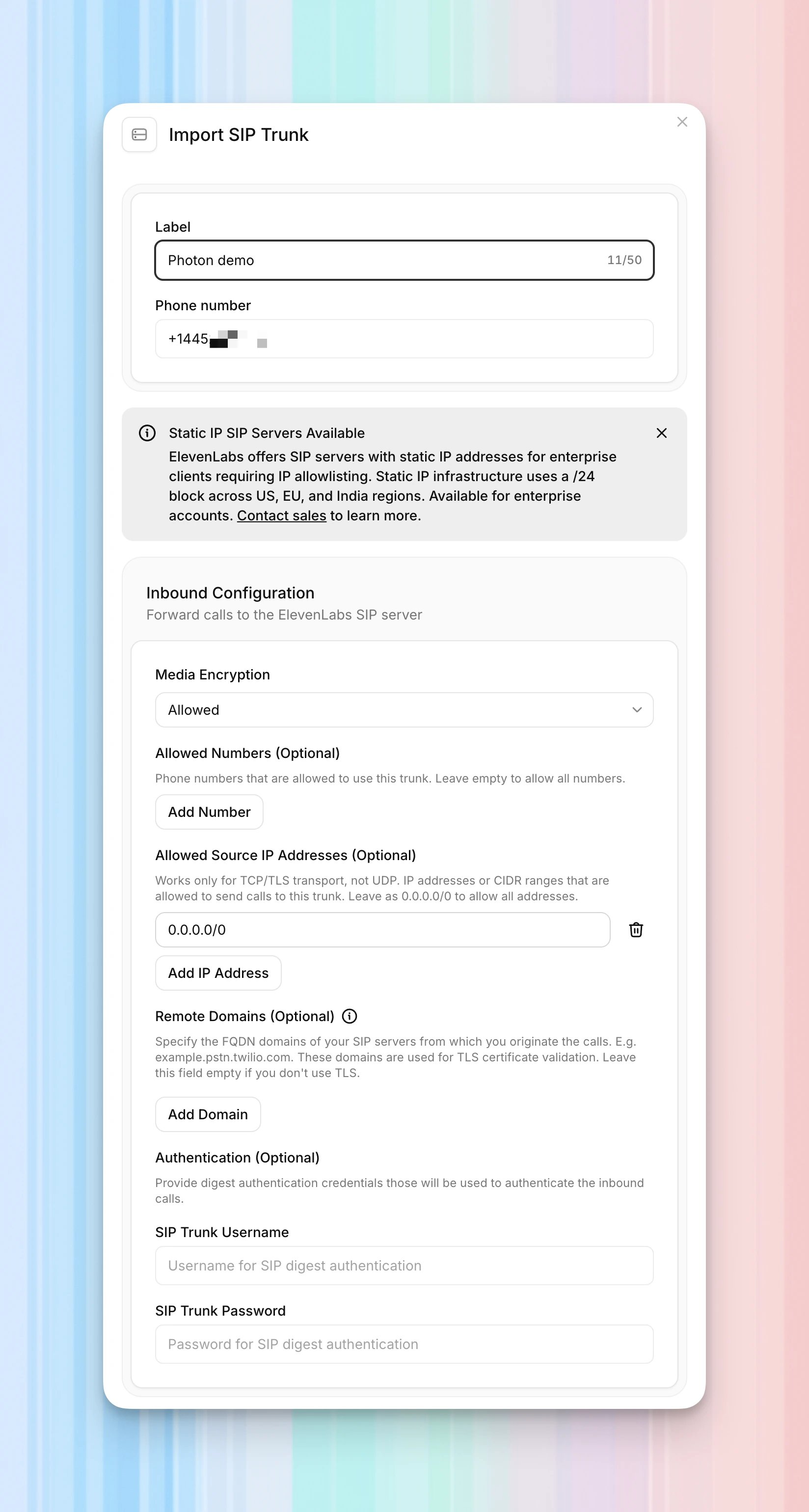 ElevenLabs import form showing the Photon label and number, Allowed media encryption, and optional inbound controls.
