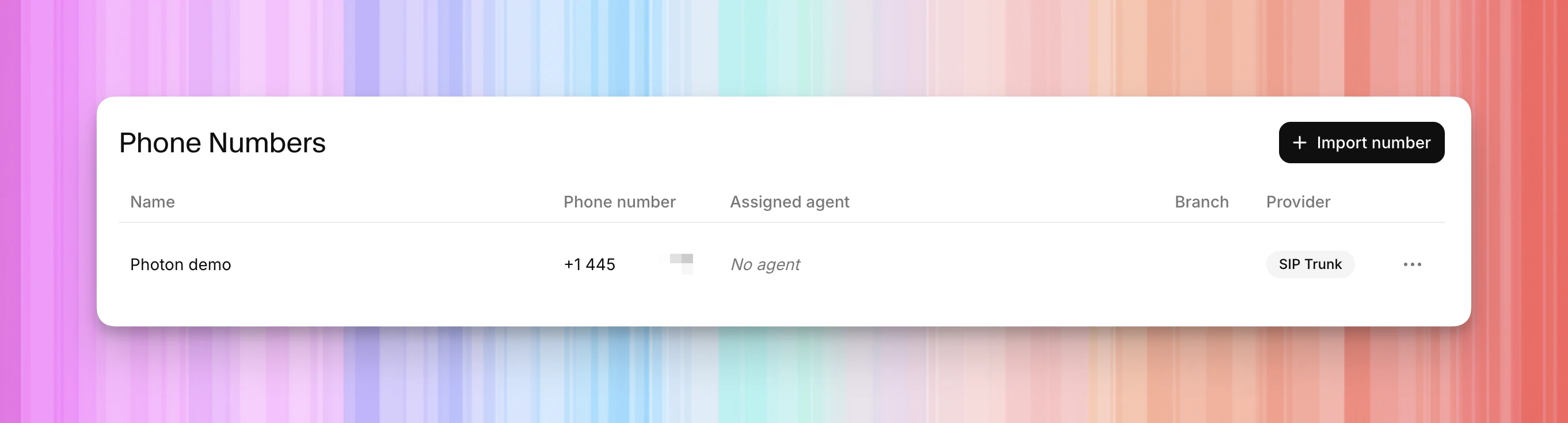 Imported Photon demo number with SIP Trunk as the provider and no agent assigned yet.