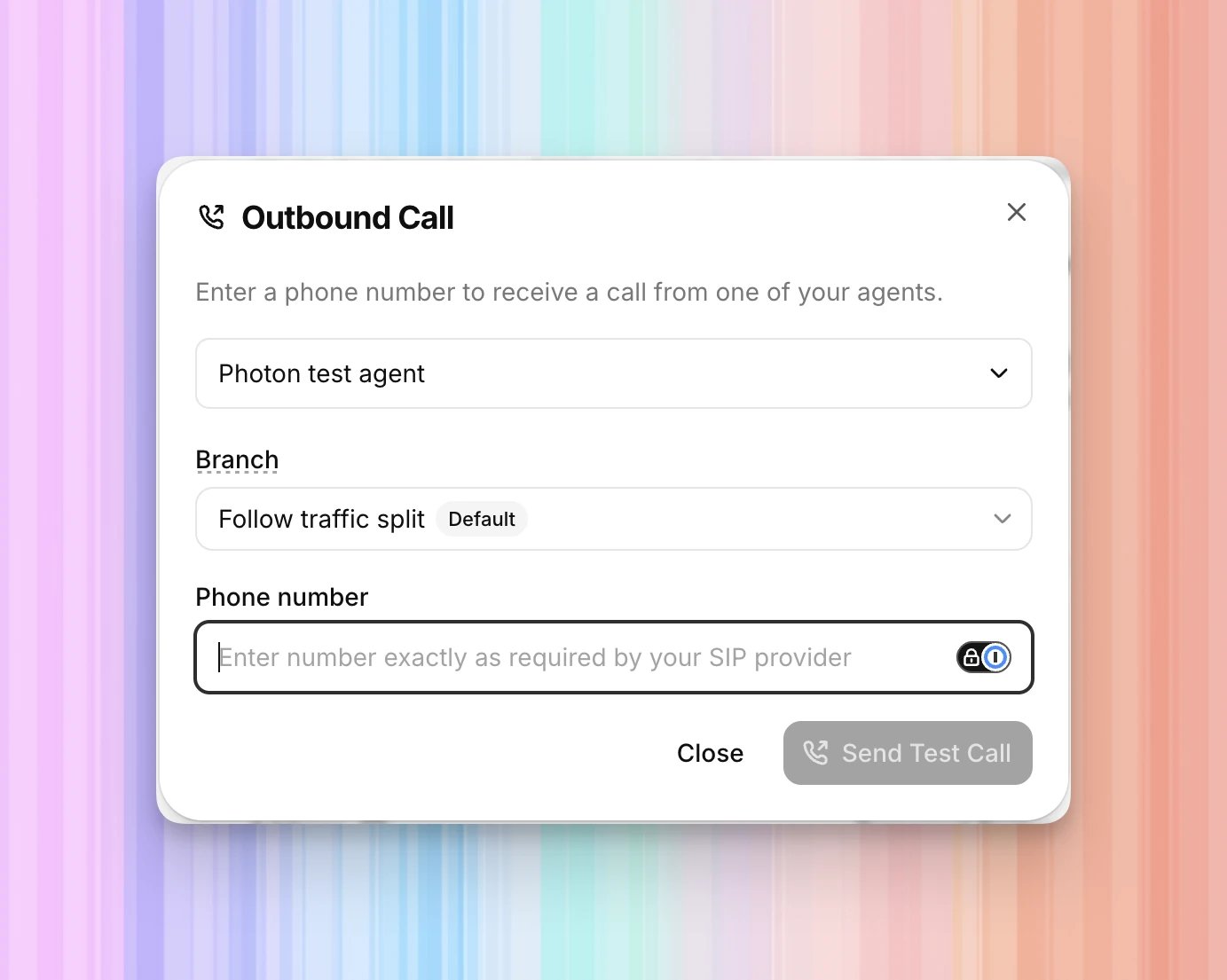 Outbound Call dialog with Photon test agent selected, the default branch option, and the recipient number field.